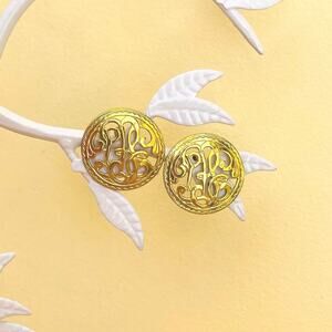 Vtg Round Filigree Scroll-Work Pierced Metalwork Earrings Pierced Rivited